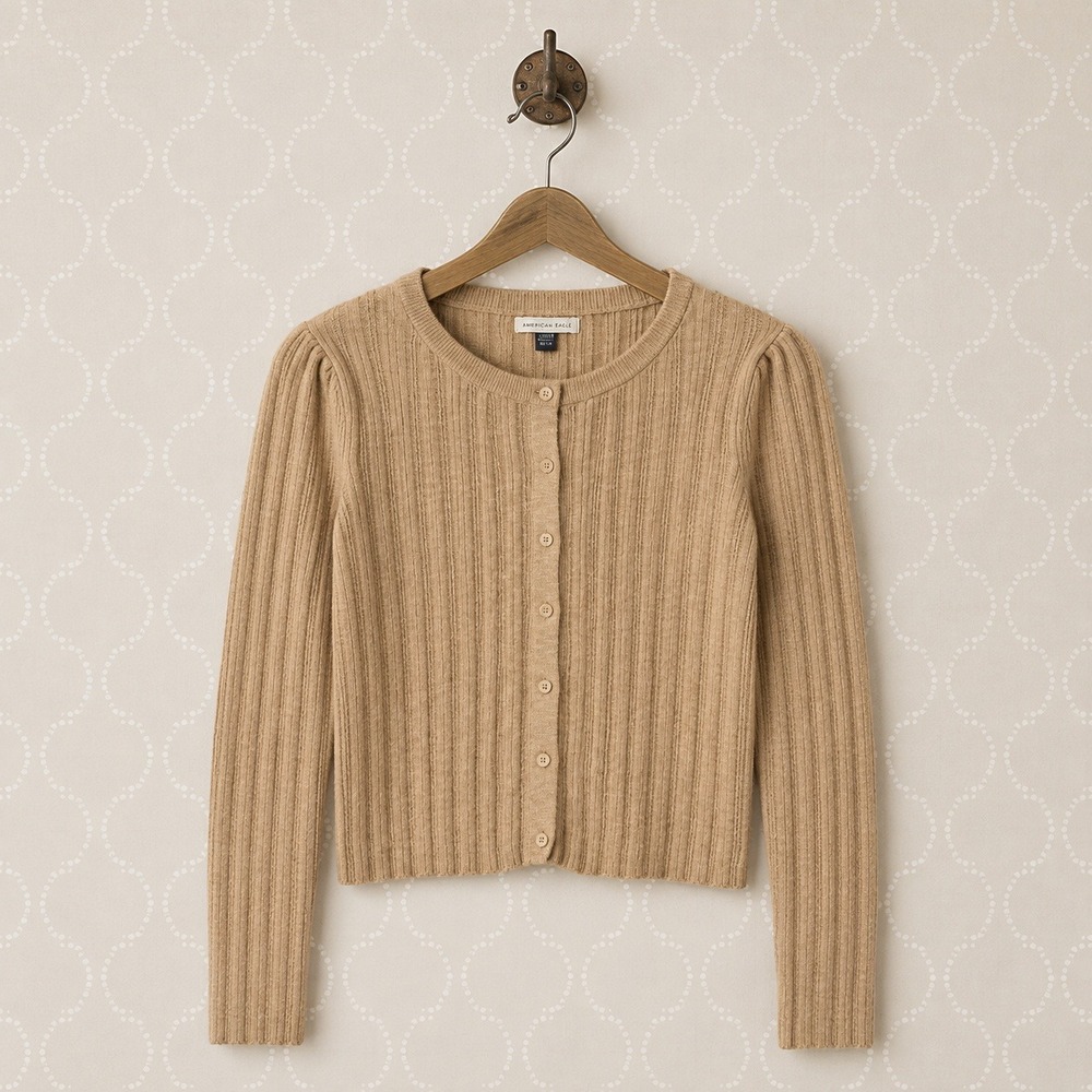 American Eagle Cardigan Sweater Ribbed Button Down Tan XL